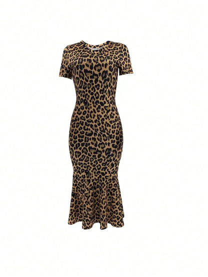 European Style Leopard Print round Neck Short Sleeve Fish Tail Hem Long Dress by ChrissysEye