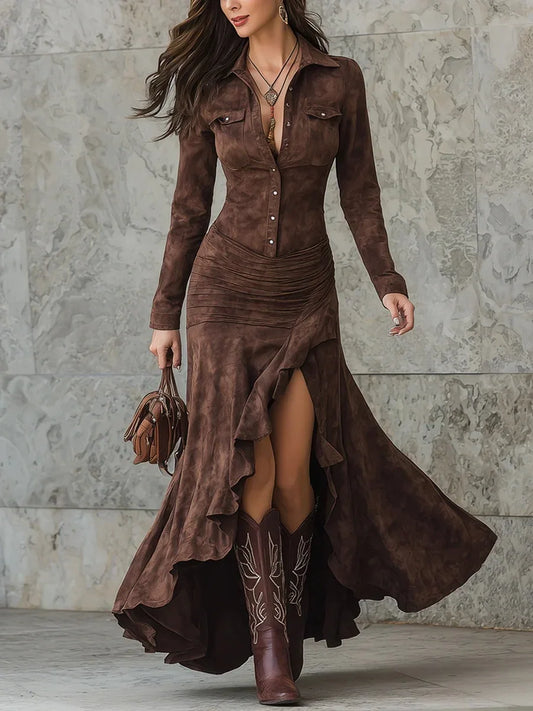Long Sleeve Suede Party Dress Elegant Split Solid Slim Single-breasted Long Dress