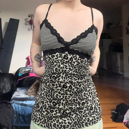 SUCHCUTE Leopard Print Slim Sexy Camisole Y2K Vintage 2000s Lace Patchwork V Neck Spaghetti Strap Tank Top Women Summer Vest New