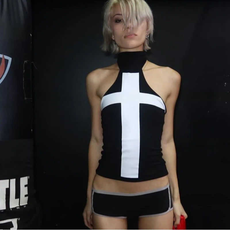 New cross printing slim slim short suspender spice girl wearing one cup bottoming coat