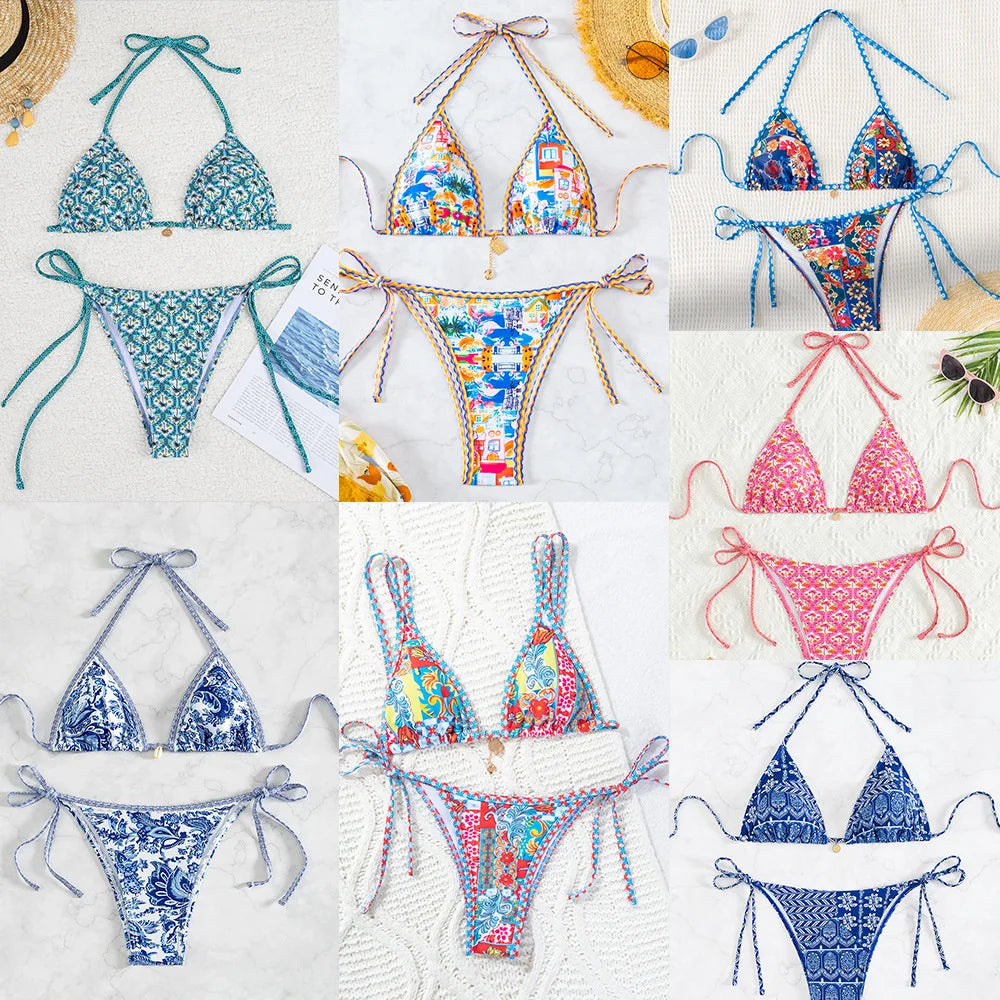 "2026 New Triangle Bikini Set - Floral Print Push Up Swimsuit & Brazilian Bottoms"
