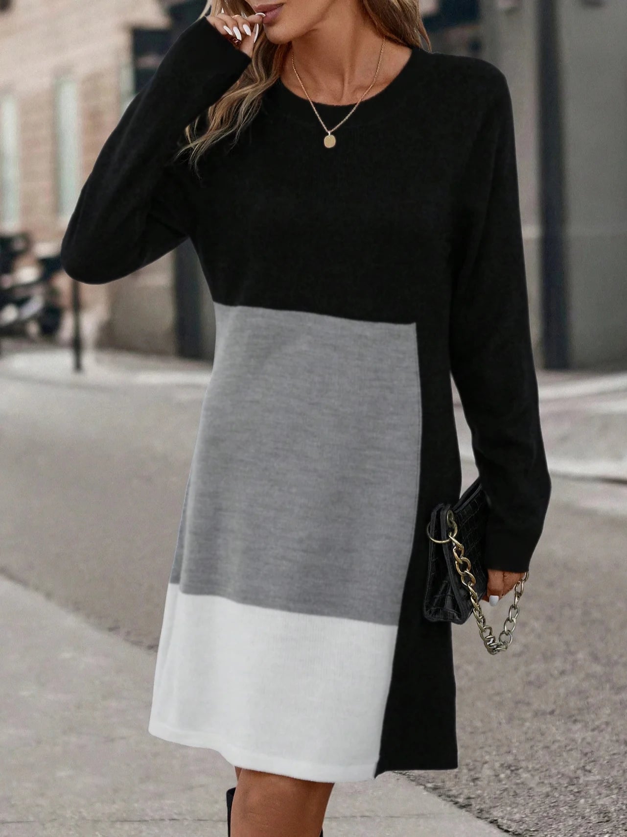 Women's Colorblock Round Neck Dress, Casual Long Sleeve Crew Neck Dress for Fall & Winter, Women's Clothing for Daily Wear