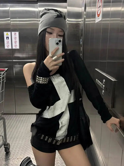 Print Cross T- Shirts Woman Long Sleeve Black Spring Top by Chrissy'seye