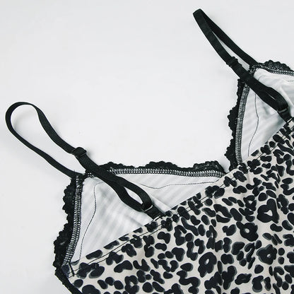 SUCHCUTE Leopard Print Slim Sexy Camisole Y2K Vintage 2000s Lace Patchwork V Neck Spaghetti Strap Tank Top Women Summer Vest New