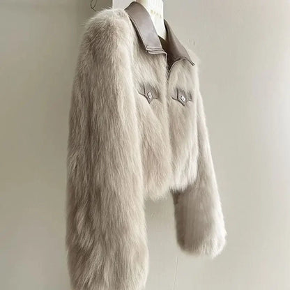 Chic Polo Collar Loose Fur Coat Women Clothing Winter Coat Faux Fox Fur Plush Short Jackets Women Tops - Chrissy's Eye