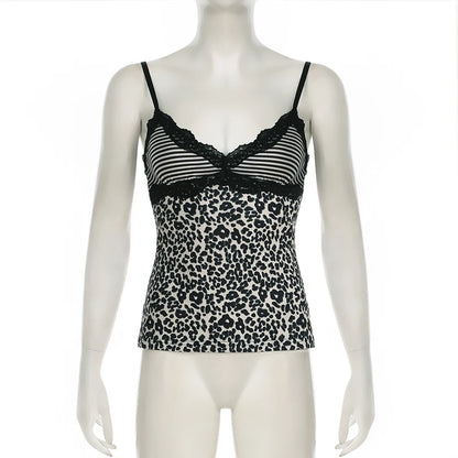 SUCHCUTE Leopard Print Slim Sexy Camisole Y2K Vintage 2000s Lace Patchwork V Neck Spaghetti Strap Tank Top Women Summer Vest New