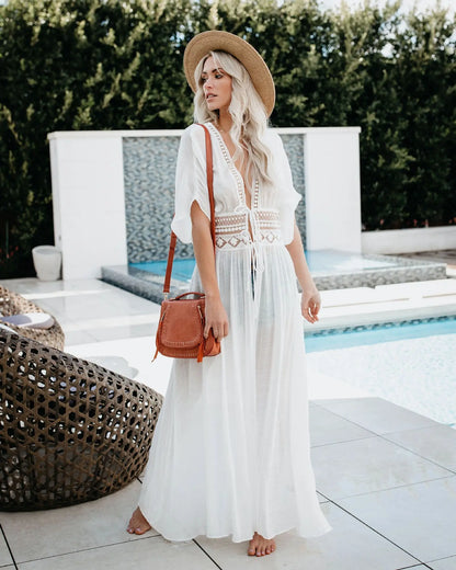 Womens Long Lace Cover Up Sheer Bikini Kimono Tie Front Bathing Suit Swimsuit Beachwear