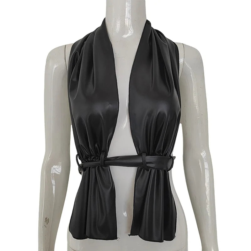 PU Imitation Leather Chest Front Hollow Out Tank Top Women Backless Sleeveless Bandage Halter Crop Tops Tube Top Cropped Vest