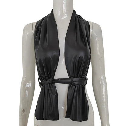 PU Imitation Leather Chest Front Hollow Out Tank Top Women Backless Sleeveless Bandage Halter Crop Tops Tube Top Cropped Vest