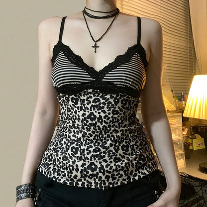SUCHCUTE Leopard Print Slim Sexy Camisole Y2K Vintage 2000s Lace Patchwork V Neck Spaghetti Strap Tank Top Women Summer Vest New
