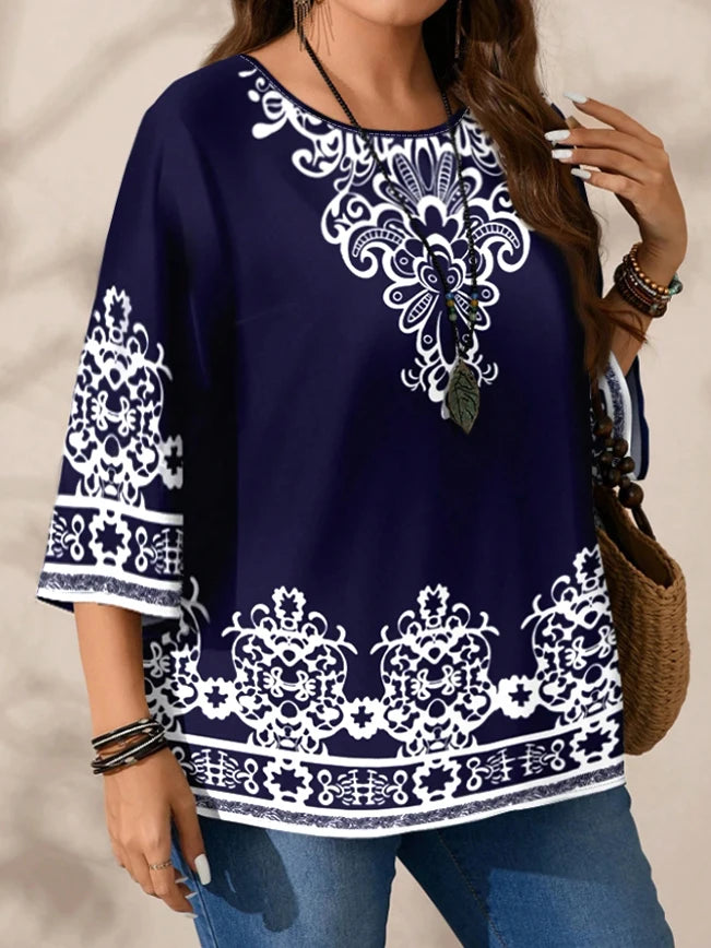 Plus Size Women's Boho Print T - Shirt, Navy Blue with White Floral Patterns, 3/4 Sleeves, Super Comfy for Daily Casual Wear