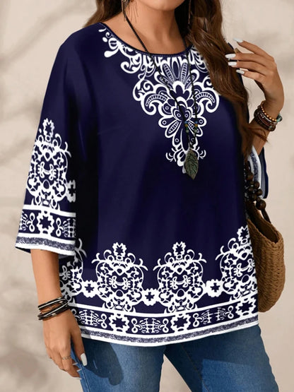 Plus Size Women's Boho Print T - Shirt, Navy Blue with White Floral Patterns, 3/4 Sleeves, Super Comfy for Daily Casual Wear