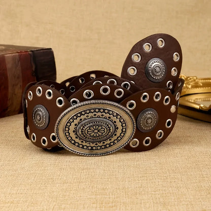 1pc Vintage Style Women'S Faux PU Belt with Oval Rivet Buckle Waistband Vintage Personalized Belts
