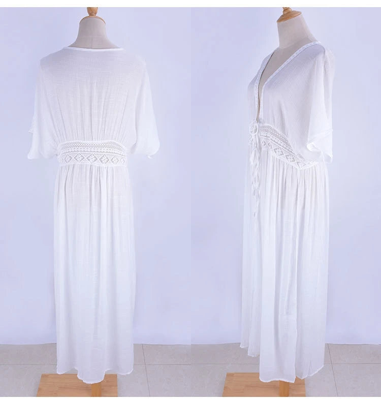 Womens Long Lace Cover Up Sheer Bikini Kimono Tie Front Bathing Suit Swimsuit Beachwear