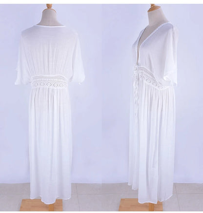 Womens Long Lace Cover Up Sheer Bikini Kimono Tie Front Bathing Suit Swimsuit Beachwear