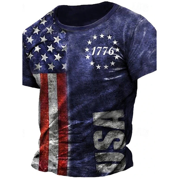 Men's Retro Flag Printed T-shirt 3D Skull Round Neck Short Sleeve Casual Breathable by Chrissy'seye