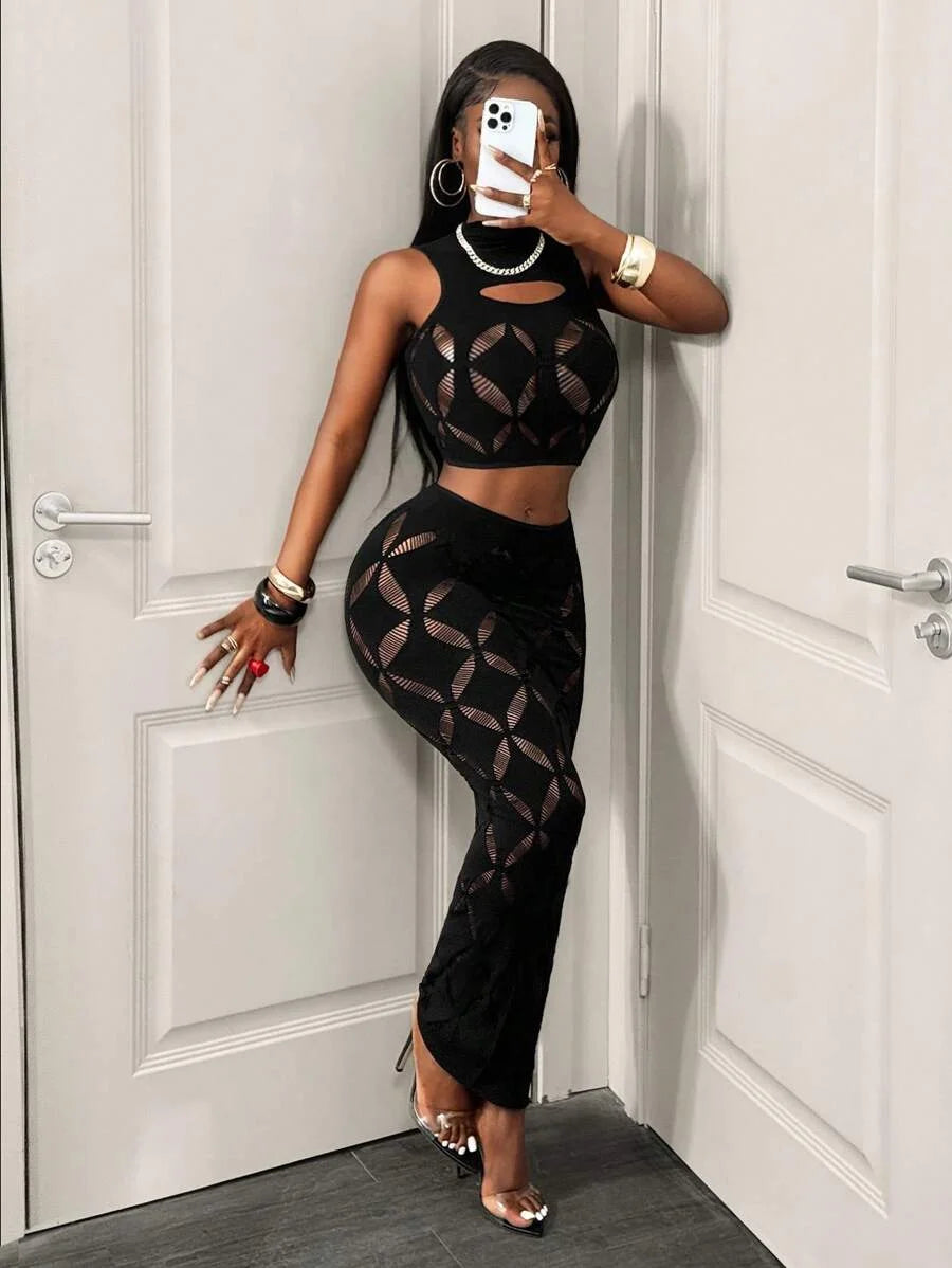 FHSEER 2PCS Women's Sexy Set Plus Size Black Mesh Hollow Out Crop Tank & High Waist Bodycon Mini Skirt Lace Stretechy Clubwear