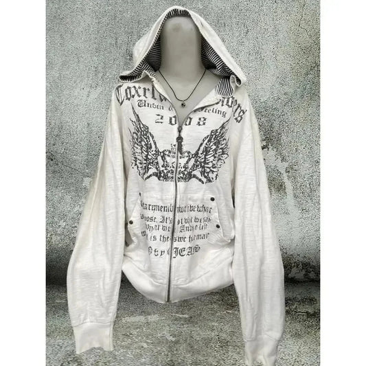 Gohic Vintage Sweatshirts Women's Jackets White Print Tunic Hooded Y2k Coat Streetwear Fashion Casual Hoodies Tops Ropa Mujer